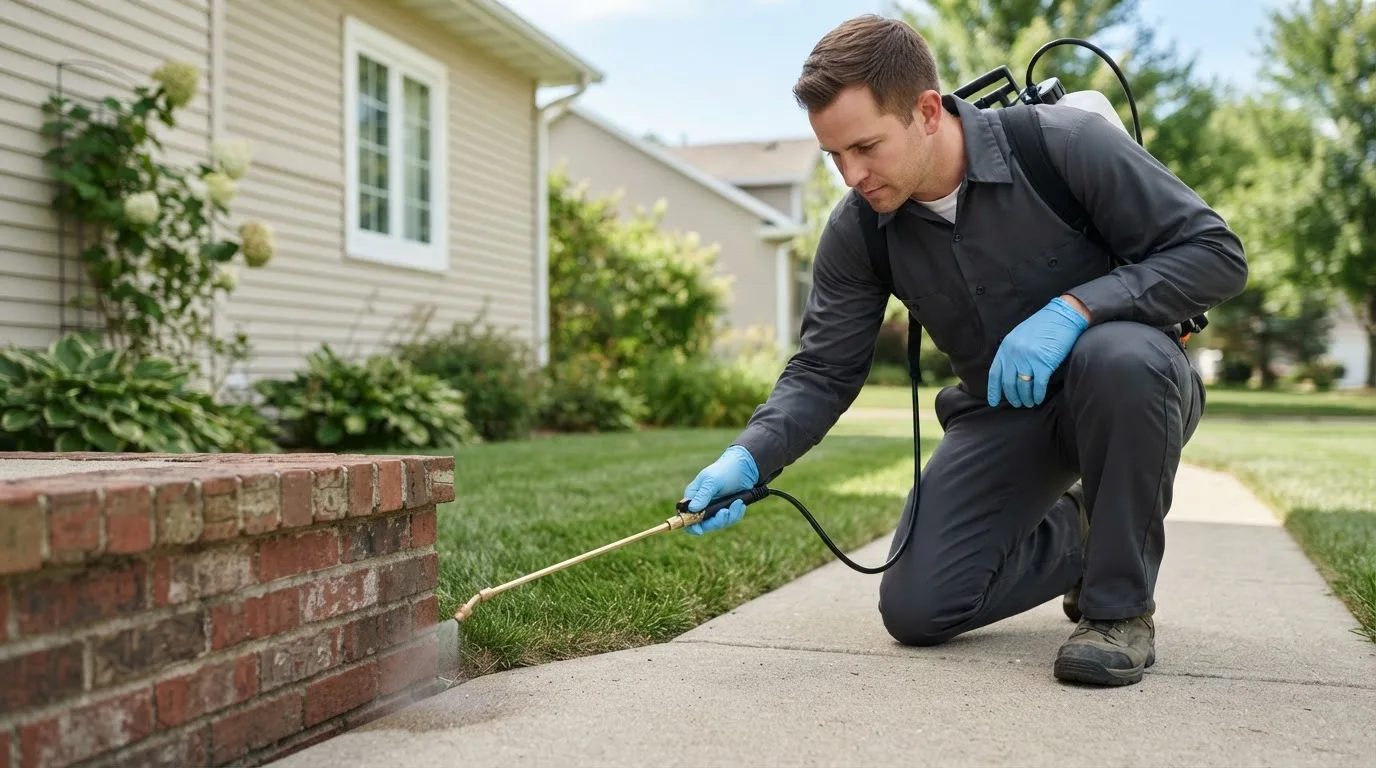 Pest control technician treating a home near West Point, NE